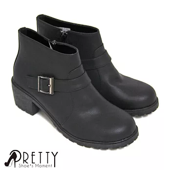 【Pretty】金屬釦環側拉鍊中粗跟短靴EU36黑色