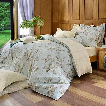 義大利La Belle 加大純棉防蹣抗菌吸濕排汗兩用被床包組-綠野花間