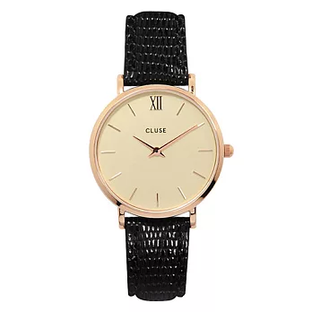 CLUSE荷蘭精品手錶 MINUIT系列 香檳金錶盤 玫瑰金框黑色壓紋皮革錶帶33mm