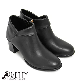 【Pretty】反摺側拉鍊中粗跟踝靴JP23.5黑色