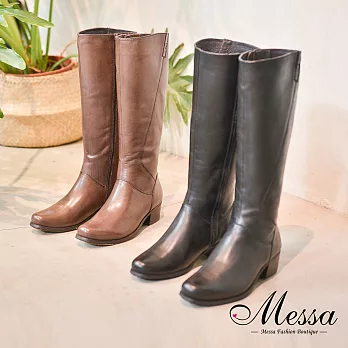 【Messa米莎專櫃女鞋】全牛皮率性木紋中跟長筒靴-二色EU35咖啡