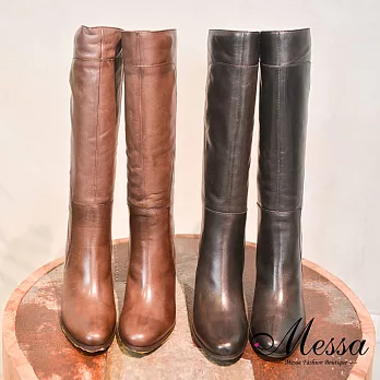 【Messa米莎專櫃女鞋】個性顯瘦全牛皮木紋高跟長筒靴-二色EU35咖啡