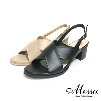 【Messa米莎專櫃女鞋】MIT歐美風交叉繫踝粗跟涼鞋-二色EU37米色
