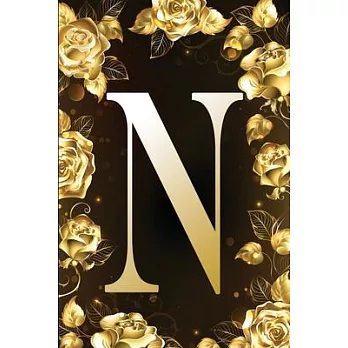 N: Letter Initial Monogram Personalized Notebook - Customized Pretty Shiny Gold & Black Floral Print Designed Journal For