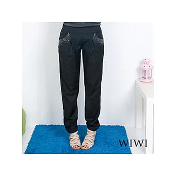 【WIWI】閃亮貼片皺褶側口袋腰鬆緊打摺長褲(黑色M)