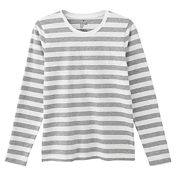[MUJI 無印良品]女有機棉圓領長袖T恤S淺灰橫紋