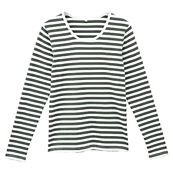 [MUJI 無印良品]女有機棉混彈性圓領長袖T恤S煙燻綠橫紋
