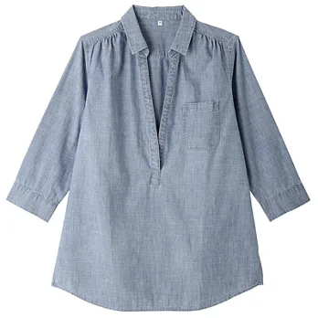 [MUJI 無印良品]女有機棉棉織七分袖長版衫L藍色