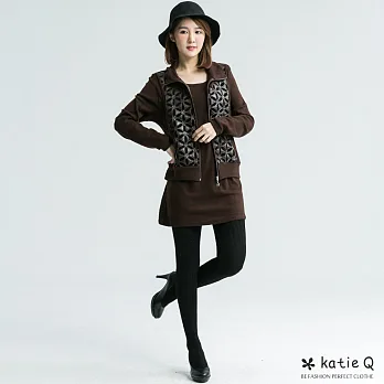 【KT】縷空拼接皮革假兩件上衣-M-XL　M咖