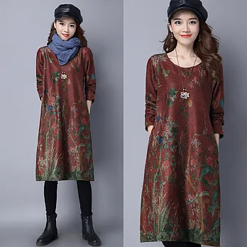 【NUMI】森-復古叢林印花加厚連衣裙50366(M-2XL可選)L棕紅色