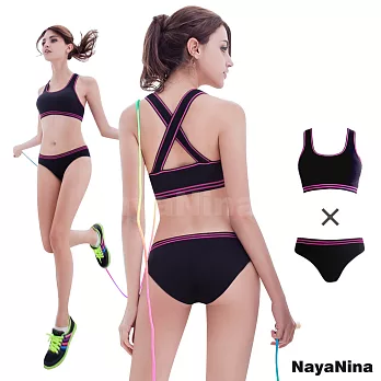 【Naya Nina】運動內衣 防震無鋼圈運動內衣褲組(寬肩+三角)-黑S黑