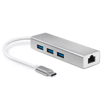 鋁合金 Type-C 轉 3埠USB 3.0 HUB集線器+RJ45高速網路卡銀色