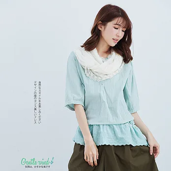 【Gentle wind】森林氣息蕾絲縮腰上衣-F　FREE粉綠