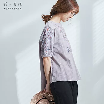 【慢。生活】對稱民族刺繡棉麻上衣(灰)-F　FREE灰