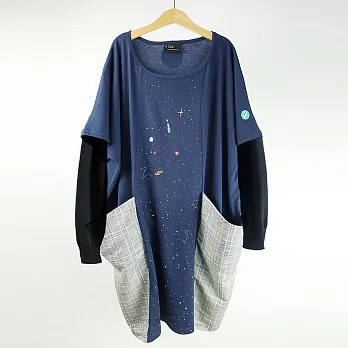 ：Urb.【彈珠汽水星空】口袋洋裝款FREE深藍(口袋灰格布)