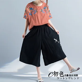 【初色】田園-復古刺繡七分闊腿褲-黑色-51238F黑色