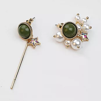 AmaZing 炫彩鋯石搭不規則珍珠不對稱耳針 (3色任選)綠色