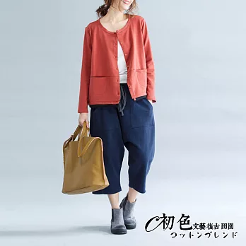 【初色】圓領單排釦拼接顯瘦外套-共2色-90264L橘紅色
