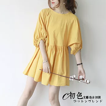 【初色】清新甜美燈籠七分袖連衣裙-共3色-91611(F可選)F黃色