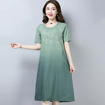 【A.Cheter】復古棉麻藝術刺繡炫然短袖洋裝102661XL綠