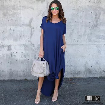 【Jilli~ko】純色下襬開衩連衣裙-F J6095　FREE藍色