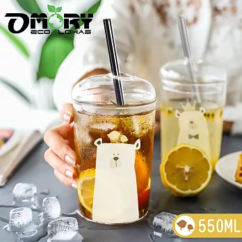 【OMORY】透明玻璃冷飲杯550ml(附玻璃吸管)-小鳥熊