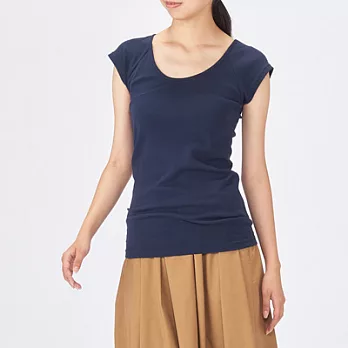 [MUJI無印良品]女有機棉針織無側縫法式袖衫/2入XL深藍