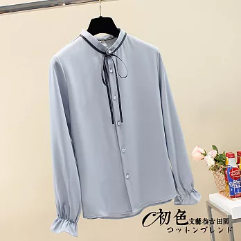 【初色】純色立領繫帶長袖襯衫-共2色-92321(M-2XL可選)M淺藍色