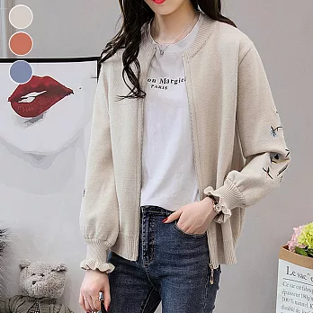 【MsMore】韓風香氛美人小雛菊刺繡荷葉袖拉鍊暖針織外套*#103040F米白