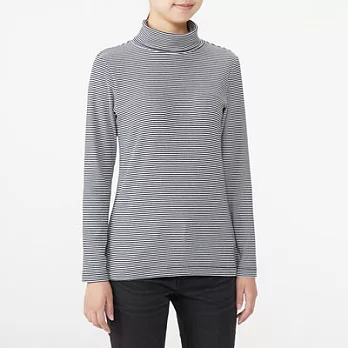 [MUJI無印良品]女有機棉混彈性橫紋高領T恤XL黑橫紋