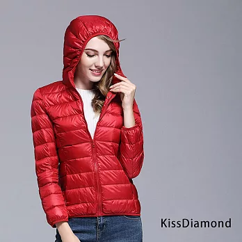 【KISSDIAMOND】日系SGS認證超輕超薄天然90+羽絨連帽外套(連帽/保暖/防潑水/拉鍊口袋/男女款10色 S-3XL可選)S女款紅色