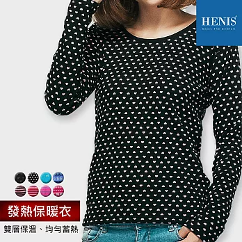 【HENIS】女速暖絨彈性 發熱保暖內刷毛印花圓領長袖衫_L黑底小桃心