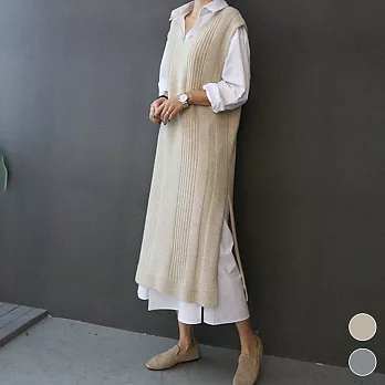 【MsMore】韓國寬鬆V領開衩長版針織背心裙*#103130F米杏