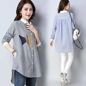 【A.Cheter】韓版棉感彩繪魚刺繡條紋長袖襯衫*#103079M灰