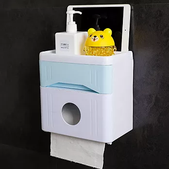 免打孔無痕雙層防水紙巾收納盒藍色