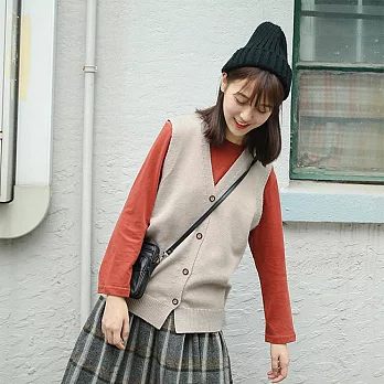 【良池】四釦中性毛線針織背心FREE卡其