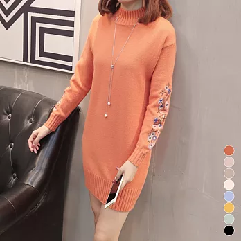 【MsMore】韓風美人花樣刺繡圓領針織長版上衣>#103177F橘
