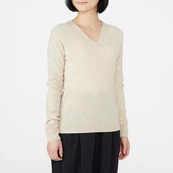 [MUJI無印良品]女氂牛毛混羊毛V領針織衫L粉米