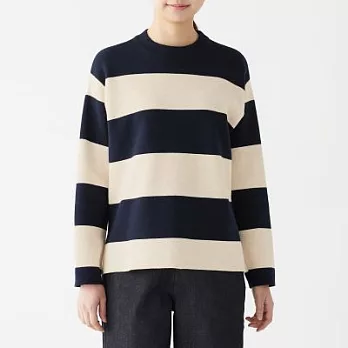 [MUJI無印良品]女有機棉混雙面織圓領針織衫M深藍橫紋