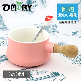 【OMORY】北歐風木柄陶瓷杯/湯杯/麥片杯350ml(附匙)-粉色