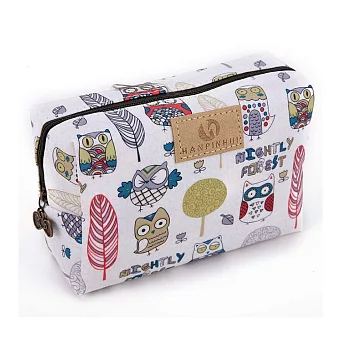 AmaZing 防水印花牛津布多功能化妝包 (9款任選)白色貓頭鷹