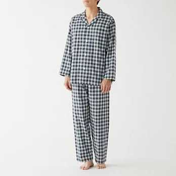 [MUJI無印良品]男有機棉無側縫二重紗織家居睡衣XL深藍格紋