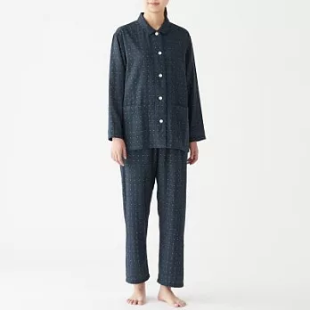 [MUJI無印良品]女有機棉無側縫二重紗織家居睡衣M深藍紋樣