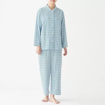[MUJI無印良品]女有機棉無側縫二重紗織家居睡衣L淺藍格紋