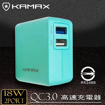 【KAMAX】QC3.0+USB雙孔高速充電器蒂芬妮藍