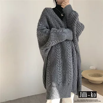 【Jilli~ko】粗針織麻花中長款針織外套 6242　FREE深灰色