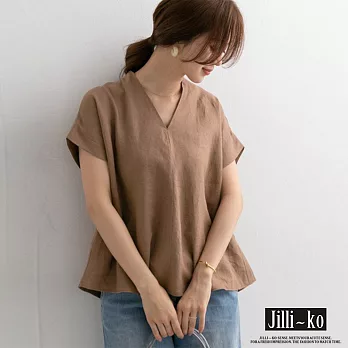 【Jilli~ko】V領亞麻感小衫 9061　 FREE 卡其色