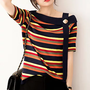 【MsMore】韓國時尚美團亮眼冰絲針織上衣#109150- F 條紋