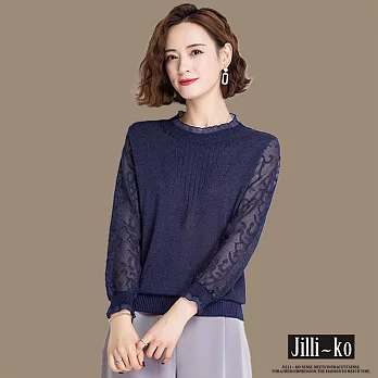 【Jilli~ko】蕾絲袖冰絲薄款針織衫 J8232　 FREE 深藍色