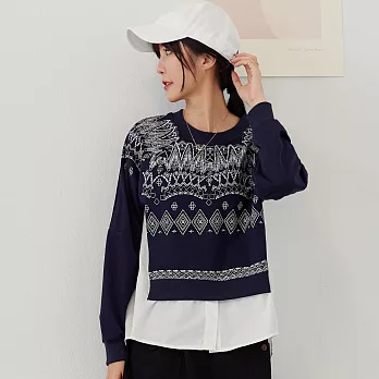 【慢。生活】圖騰印花假兩件拼接衛衣 2905　 FREE 深藍色